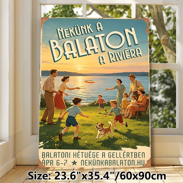 Lake Balaton Retro Gathering Painting Poster, Warm Vintage-style Lakeside Group Fun Scene Poster, Nostalgic Relaxing Wall Decor Idea For Living Room_maomaolike.com