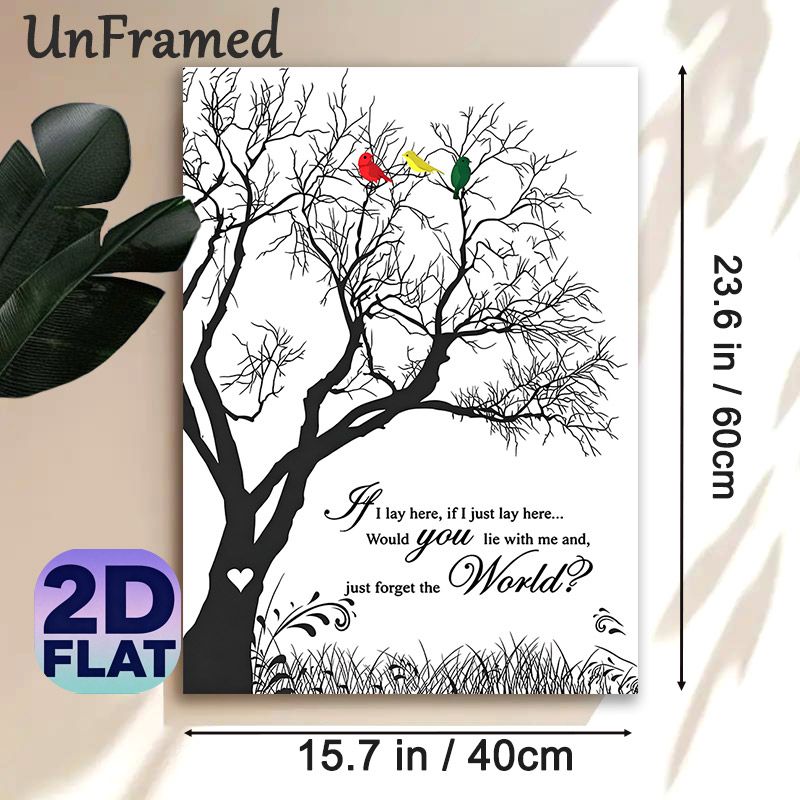 Tree With Birds & Romantic Poem Painting Poster, Minimalist Silhouette Bare Tree With Vibrant Birds And Lyrical Verse Poster, Delivers Tranquil Warm_maomaolike.com