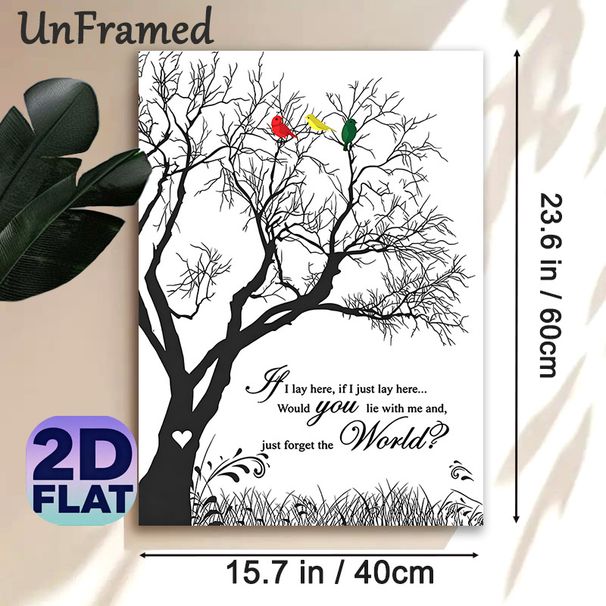 Tree With Birds & Romantic Poem Painting Poster, Minimalist Silhouette Bare Tree With Vibrant Birds And Lyrical Verse Poster, Delivers Tranquil Warm_maomaolike.com