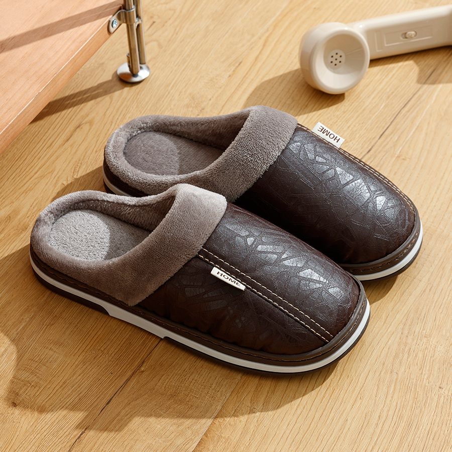 Big Size Winter Casual Men's Slippers Indoor Waterproof PU Leather Home Shoes Fur Flat Warm Fashion Bedroom Houseshoes_maomaolike.com