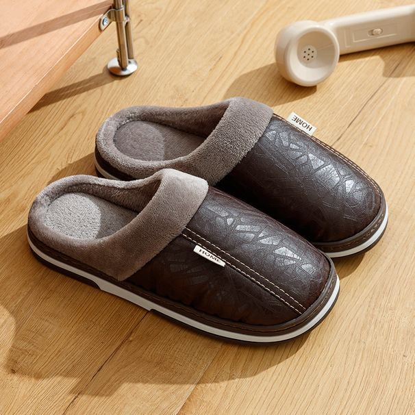 Big Size Winter Casual Men's Slippers Indoor Waterproof PU Leather Home Shoes Fur Flat Warm Fashion Bedroom Houseshoes_maomaolike.com