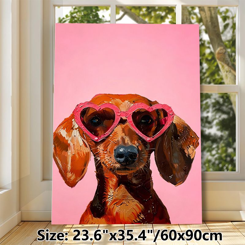Dachshund Painting Poster, Vibrant Textured Oil Painting Style Poster, Cute Dachshund With Heart-shaped Sunglasses, Playful Decor For Living Room_maomaolike.com