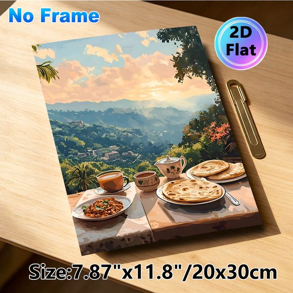 Mountain View Breakfast Painting Poster, Warm-toned Scenic Dining Scene Poster, Tranquil Cozy Vibe Ideal For Kitchen, Dining Room_maomaolike.com
