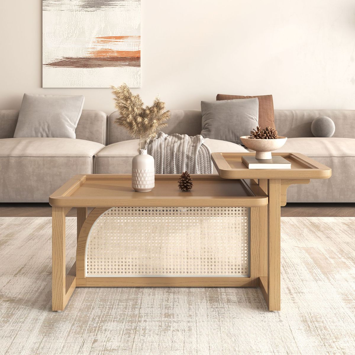 Modern 2 Piece Nesting Rattan Wood+ MDF Coffee Table Set In Natural_maomaolike.com