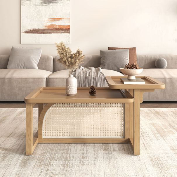 Modern 2 Piece Nesting Rattan Wood+ MDF Coffee Table Set In Natural_maomaolike.com