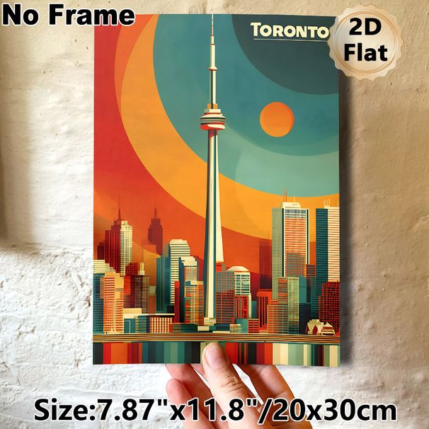 Toronto Cityscape Painting Poster, Retro Vibrant Color-blocked Urban Skyline Poster, Stylish Urban Wall Decor Suitable For Living Room, Office_maomaolike.com