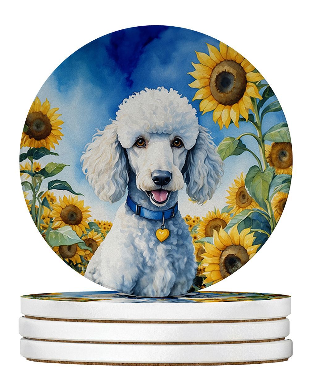 White Poodle In Sunflowers Large Sandstone Coasters Pack Of 4 Absorbent Round Coasters Decor Gifts For Men Or Women, 4 In, Multicolor_maomaolike.com