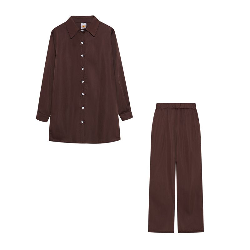 Women's Clothing long sleeved temperament commuter skin color linen solid color slit long shirt and wide leg pants set_maomaolike.com