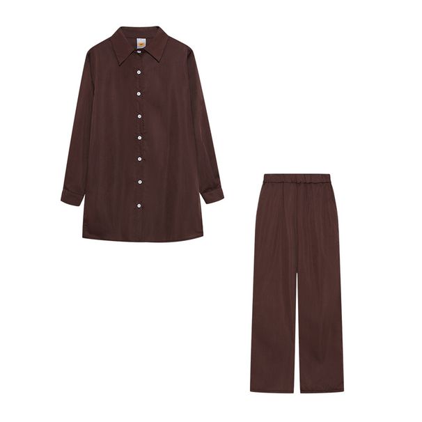 Women's Clothing long sleeved temperament commuter skin color linen solid color slit long shirt and wide leg pants set_maomaolike.com