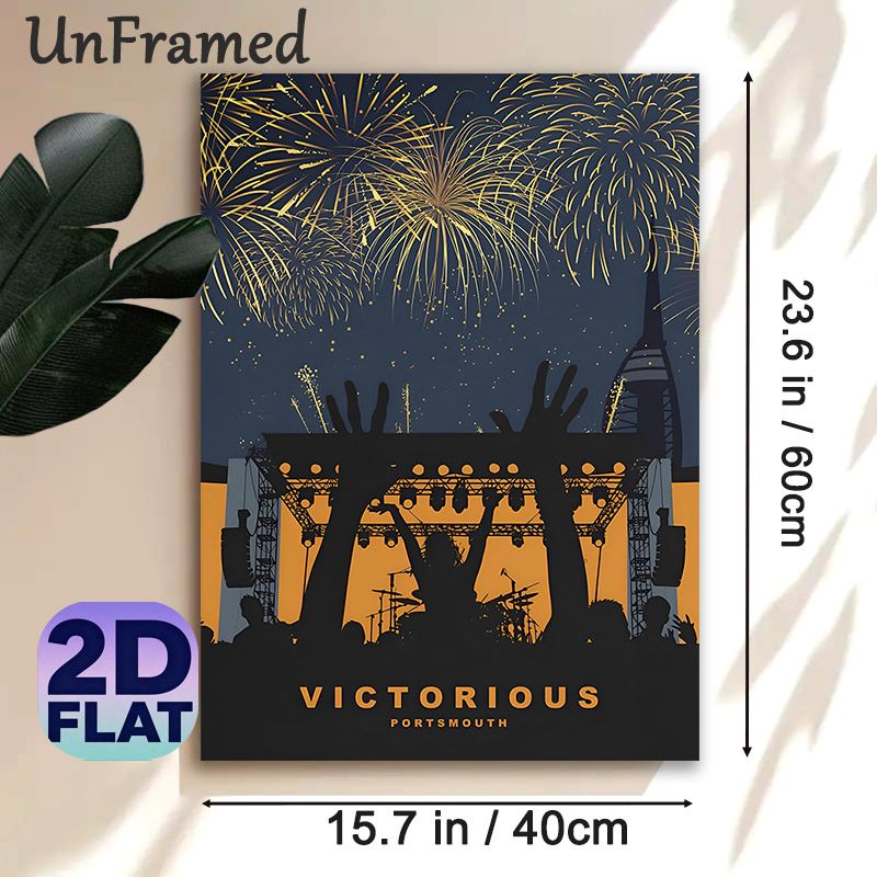 Victorious Portsmouth Music Festival Painting Poster, Vibrant Stylized Silhouette Concert Scene With Golden Fireworks Poster, Captures Festive Live_maomaolike.com