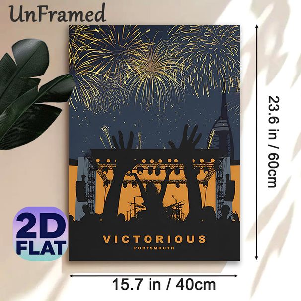 Victorious Portsmouth Music Festival Painting Poster, Vibrant Stylized Silhouette Concert Scene With Golden Fireworks Poster, Captures Festive Live_maomaolike.com