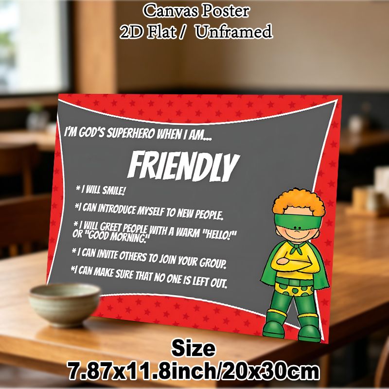 God's Superhero Friendly Themed Painting Poster, Vibrant Cartoon-style Poster, Features Superhero With Friendly Behavior Guidelines, Fosters Positive_maomaolike.com