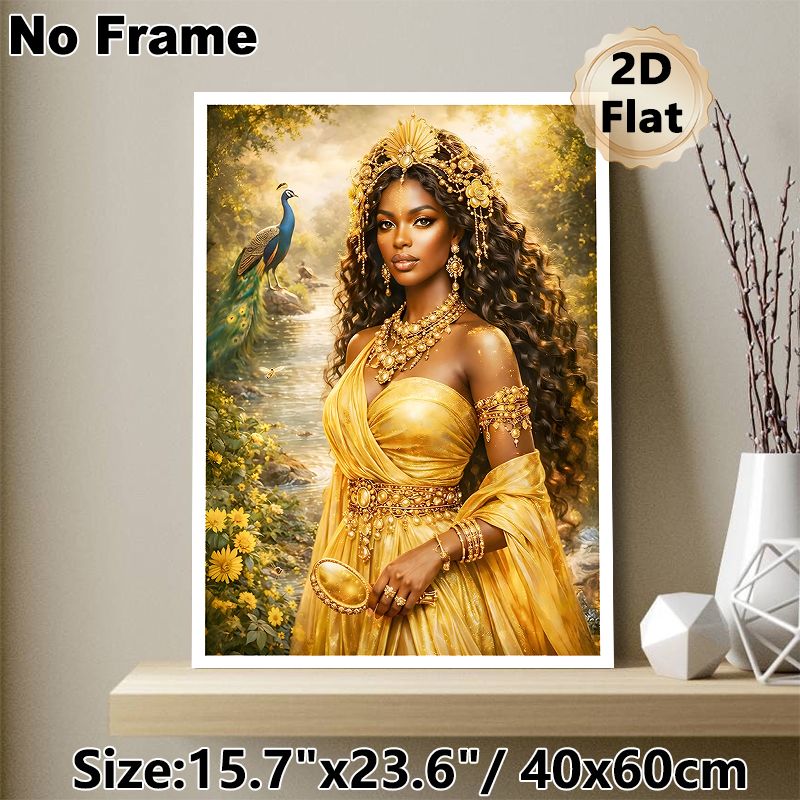 Golden Royal African Goddess Painting Poster, Lush Enchanted Forest Style Poster, Exquisite Detailed Artwork Of Elegant Goddess In Golden Attire With_maomaolike.com