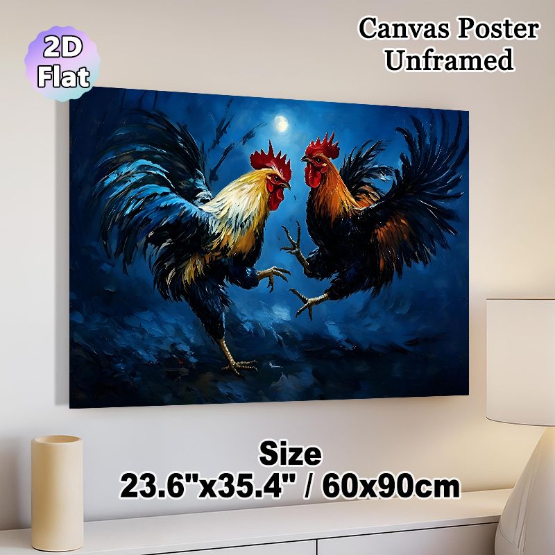 Rooster Fighting Painting Poster, Bold Impasto-style Confronting Roosters Under Moonlight Poster, Striking Artistic Decor Suitable For Living Room_maomaolike.com