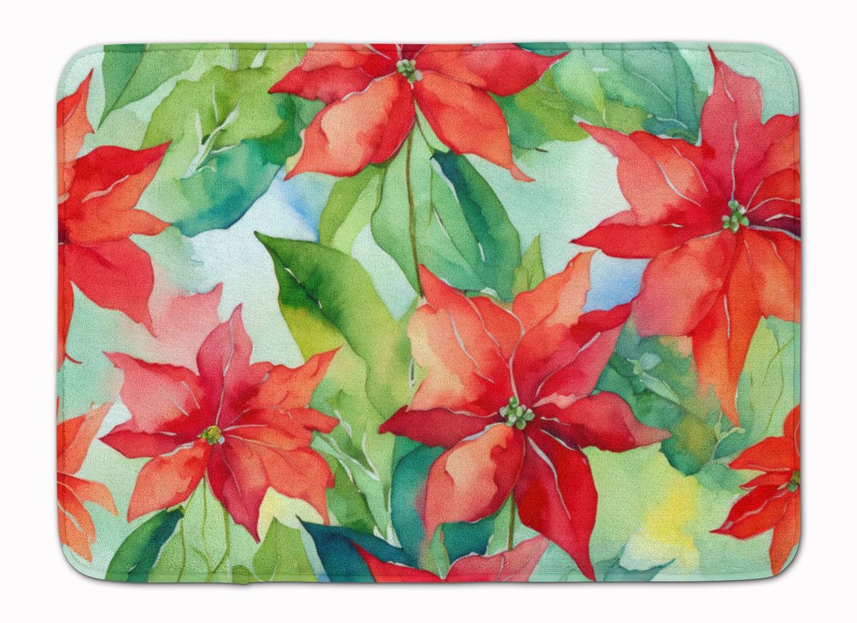 Poinsettias In Watercolor Memory Foam Kitchen Mat Machine Washable Anti-Fatigue Mat Cushion Comfort Bath Mat Or Kitchen Rug_maomaolike.com