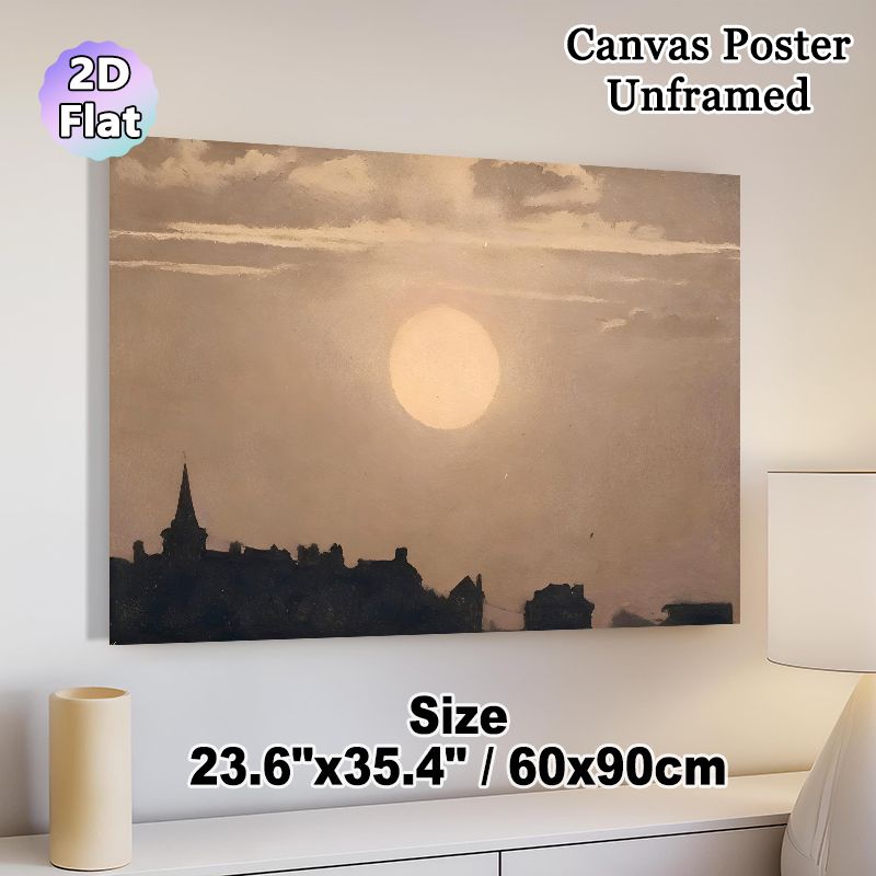 City Silhouette & Large Moon Landscape Painting Poster, Muted-tone Retro Oil Painting Style Poster, Calm Atmospheric Decor Ideal For Living Room_maomaolike.com