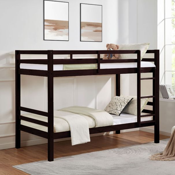 Twin Over Twin Bunk Bed With Thick Posts,Wooden Bunk Bed With High Guardrail And Ladder For Kids, Teens, Dorm Rooms, And Guest Rooms,No Box Spring Needed,Espresso_maomaolike.com
