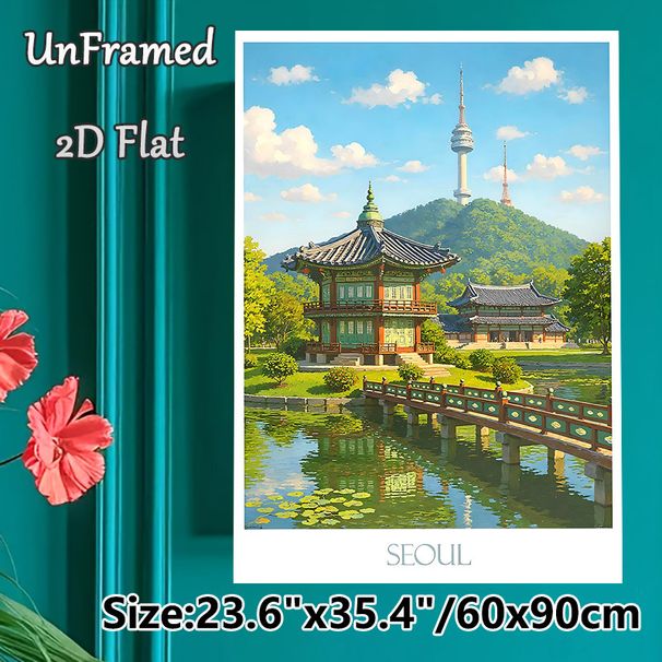 Seoul Traditional Scenery Landscape Painting Poster, Vibrant Oil-style Scenic Poster, Captivating View Of Classic Pavilions, Lake And Seoul Tower_maomaolike.com