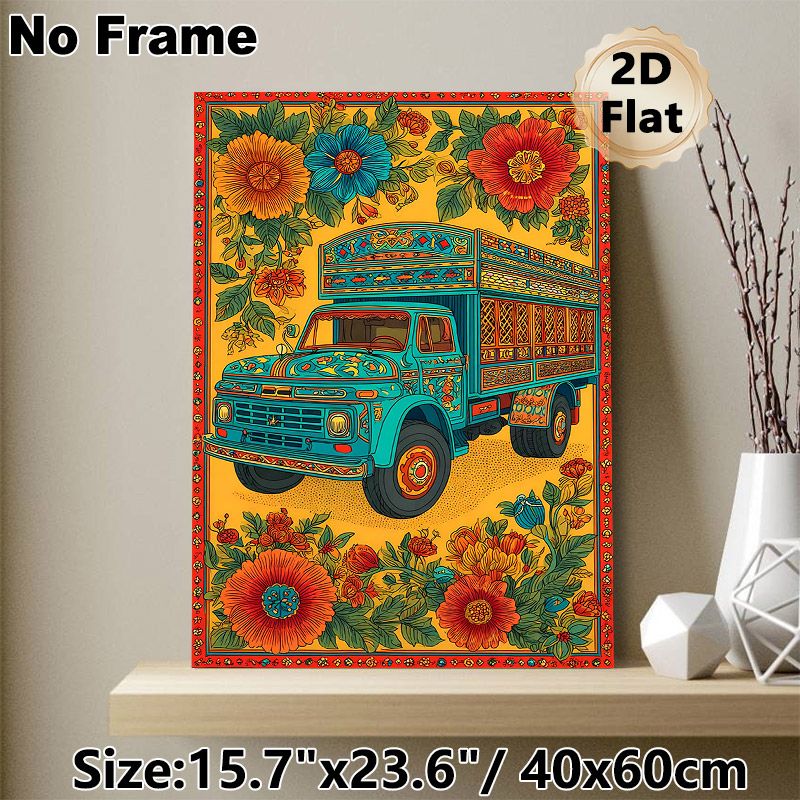 Bohemian Floral Truck Painting Poster, Vibrant Ethnic-style Decorated Truck With Bold Blooming Flowers Poster, Eye-catching Folk Art Design Ideal For_maomaolike.com