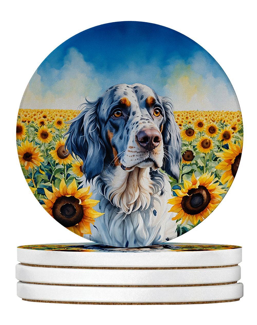 English Setter In Sunflowers Large Sandstone Coasters Pack Of 4 Absorbent Round Coasters Decor Gifts For Men Or Women, 4 In, Multicolor_maomaolike.com