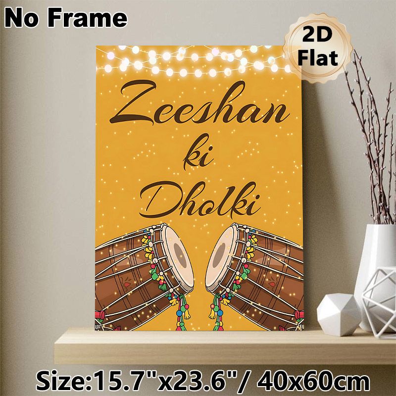 Dholki Folk Drum Painting Poster, Vibrant Festive Style Poster, Decorated Traditional Drums With Warm Golden Backdrop & Twinkling String Lights_maomaolike.com