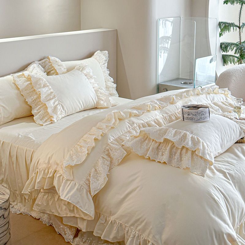French Cream Style All-Cotton Ruffled Bedding Set Princess Pure Cotton Light Luxury Lace Duvet Cover Fairy Bed Skirt_maomaolike.com