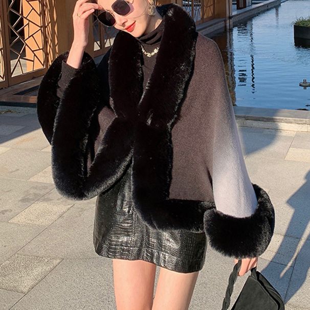 Women's Clothing New rex rabbit fur collar gradien autumn and winter shawl cape large size women's knitted cardigan jacket_maomaolike.com