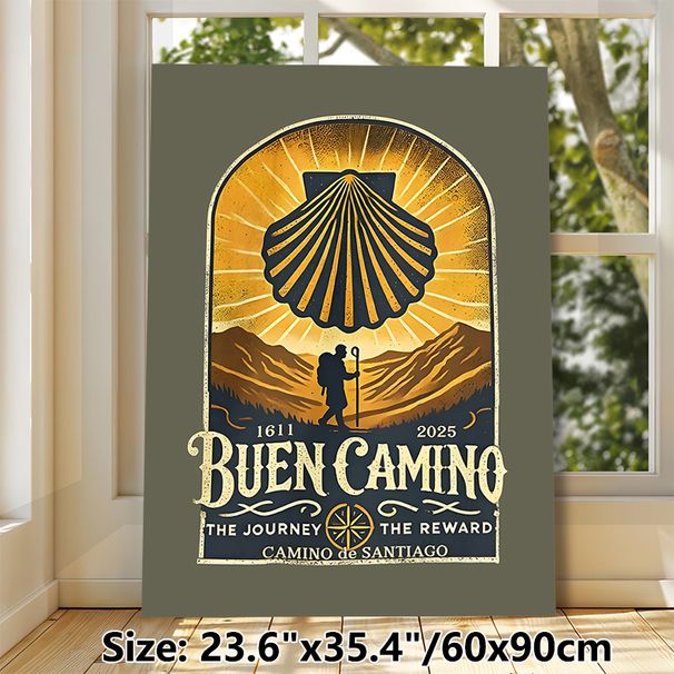 Camino De Santiago Themed Painting Poster, Vintage Retro Hiker & Scallop Mountain Scene Poster, Inspirational Journey-focused Decor Ideal For Home_maomaolike.com