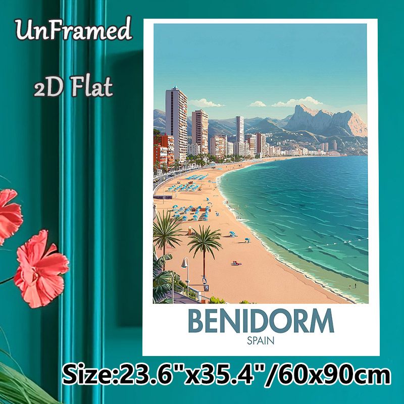 Benidorm Spain Coastal City Painting Poster, Vibrant Retro Travel Style Poster, Sunny Beach & High-rise Skyline Design, Brings Calm Coastal Atmosphere_maomaolike.com