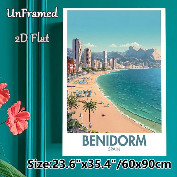 Benidorm Spain Coastal City Painting Poster, Vibrant Retro Travel Style Poster, Sunny Beach & High-rise Skyline Design, Brings Calm Coastal Atmosphere_maomaolike.com