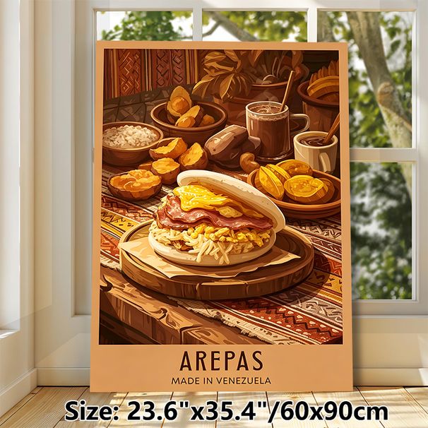 Venezuelan Arepas Painting Poster, Warm-toned Illustrative Rich Venezuelan Feast Scene Poster, Appealing Culinary Wall Decor For Kitchen, Dining Room_maomaolike.com