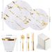 175-Piece Elegant Marble-Look Plastic Dinnerware Set With Gold Trim - Includes Black/White Plates, 10/12 Cutlery, 9oz_maomaolike.com