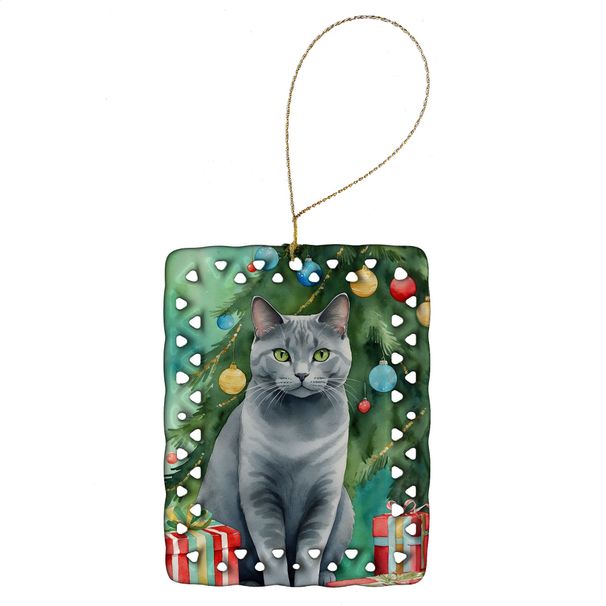 Chartreux Cat By The Christmas Tree Porcelain Ornament Christmas Tree Hanging Decorations For Home Christmas Holiday, Rectangle, Gift, Multicolor_maomaolike.com