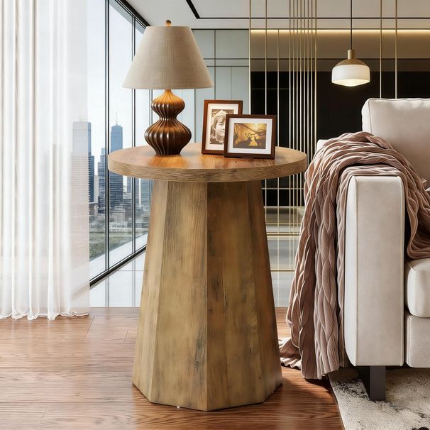 Round End Table, Wooden Couch Side Table With Octagonal Base_maomaolike.com