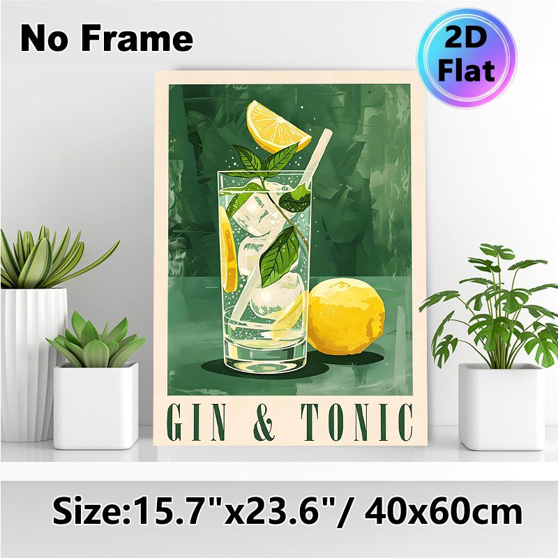 Gin & Tonic Themed Painting Poster, Vibrant Stylized Cocktail Illustration Poster, Refreshing Lemon-mint Drink Design, Ideal For Bar, Kitchen Or_maomaolike.com