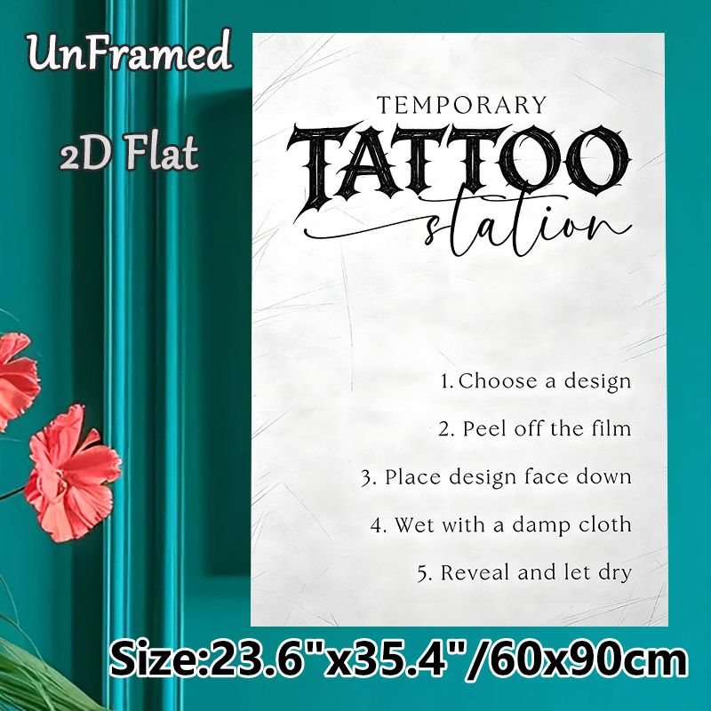 Temporary Tattoo Station Painting Poster, Minimalist Black-and-White Typographic Poster, Clear Step-by-step Temporary Tattoo Application Guide, Ideal_maomaolike.com