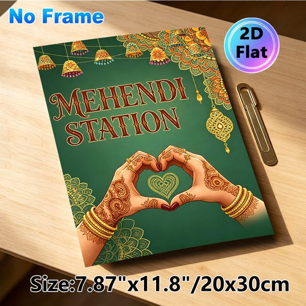 Mehendi Station Painting Poster, Vibrant Traditional Indian Style Poster, Intricate Henna Hands Heart Gesture With Ornate Golden Decor, Brings_maomaolike.com