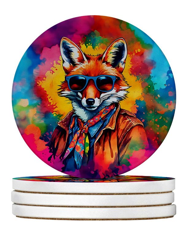 Hippie Animal Fox Large Sandstone Coasters Pack Of 4 Absorbent Round Coasters Decor Gifts For Men Or Women, 4 In, Multicolor_maomaolike.com
