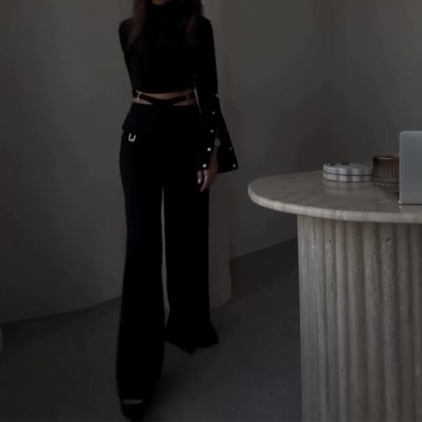 Women's clothing border high collar solid color navel exposed sweet and spicy loose wide leg suit for women_maomaolike.com