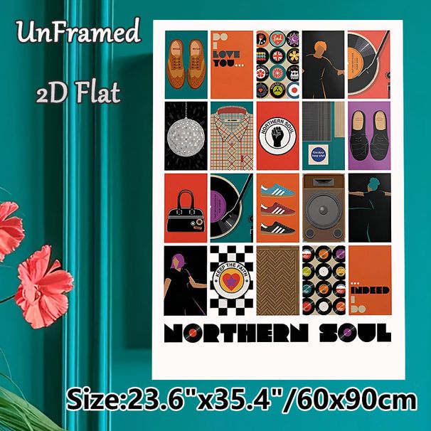 Northern Soul Themed Painting Poster, Vibrant Retro Graphic Collage Poster, Boasts Classic Music & Vintage Fashion Motifs, Suitable For Music Room_maomaolike.com