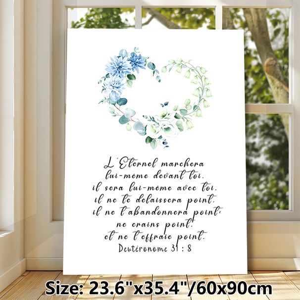 French Bible Verse Painting Poster, Delicate Watercolor Blue & Green Floral Wreath Poster, Inspirational Religious Message, Ideal For Home, Living_maomaolike.com