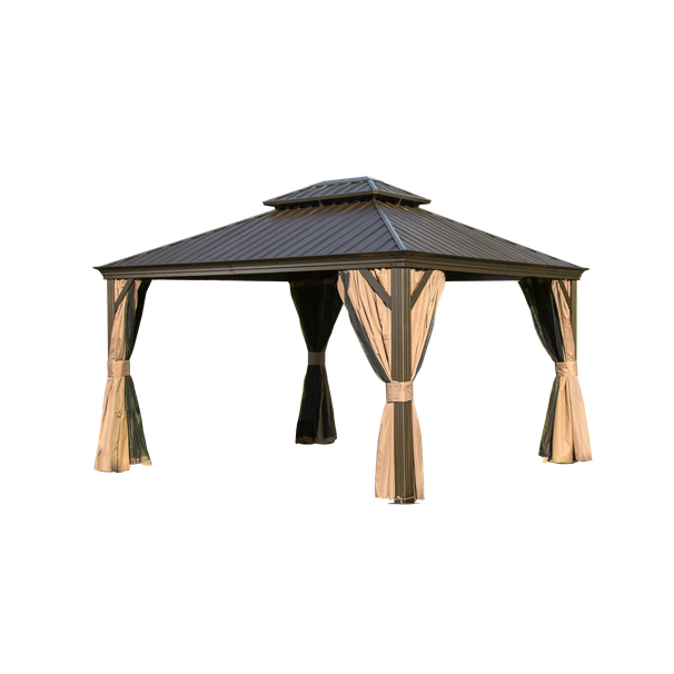 12 X14 Hardtop Gazebo, Outdoor Aluminum Frame Canopy With Galvanized Steel Double Roof, Outdoor Permanent Metal Pavilion With Curtains And Netting For Patio, Backyard And Lawn Brown_maomaolike.com