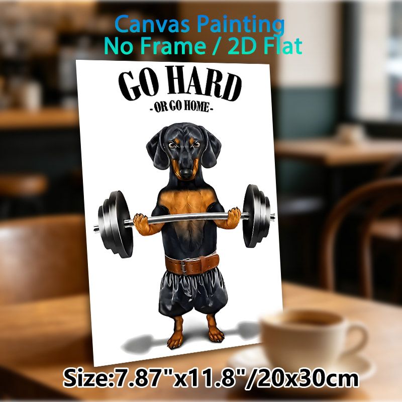 Fitness Dachshund Painting Poster, Humorous Cartoon-style Poster, Motivational "Go Hard Or Go Home" Design With Muscular Dachshund Lifting Barbell_maomaolike.com