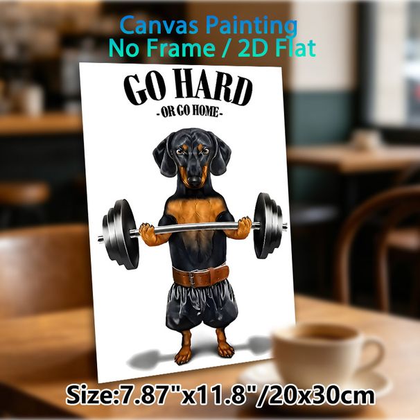 Fitness Dachshund Painting Poster, Humorous Cartoon-style Poster, Motivational "Go Hard Or Go Home" Design With Muscular Dachshund Lifting Barbell_maomaolike.com