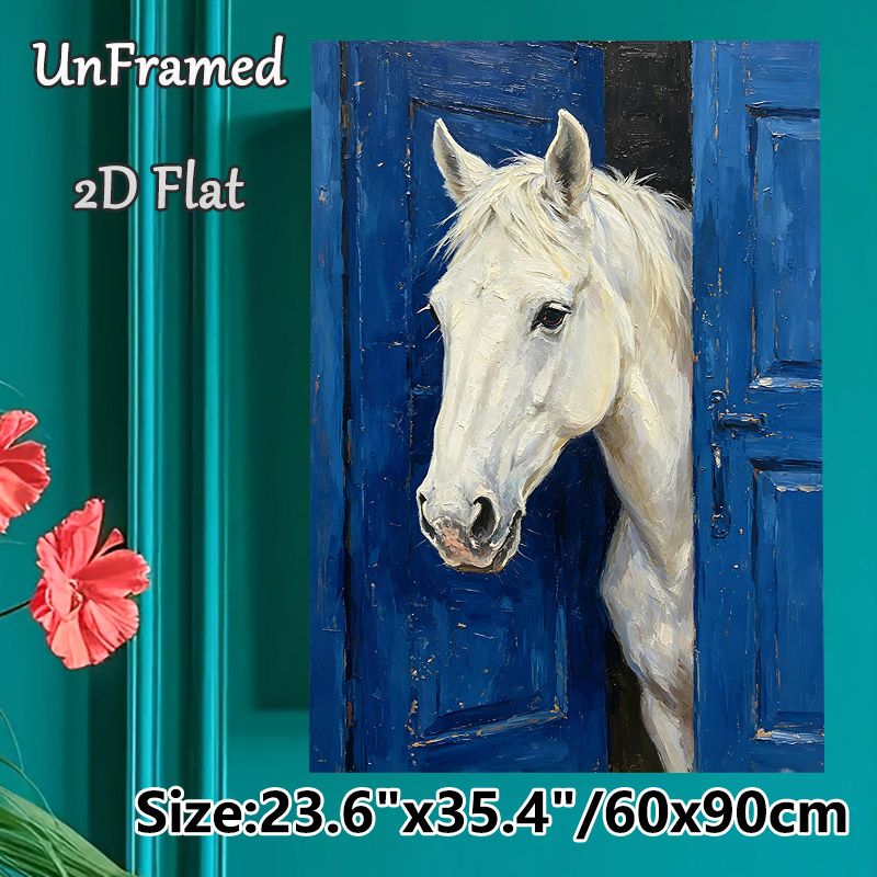 White Horse Painting Poster, Textured Impasto Style Poster, Artistic Rustic Design Featuring White Horse Peeking From Blue Door, Ideal For Living_maomaolike.com