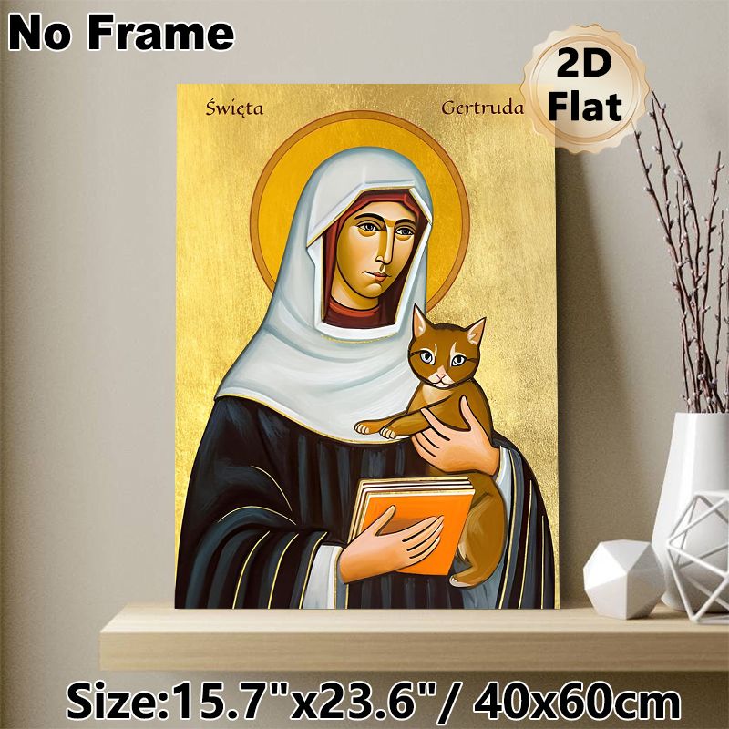 Saint Gertrude Religious Painting Poster, Traditional Icon-style Poster Featuring Saint Gertrude With Cat & Book, Serene Devotional Decor Ideal For_maomaolike.com