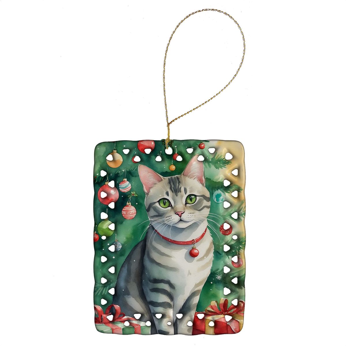 Asian Cat By The Christmas Tree Porcelain Ornament Christmas Tree Hanging Decorations For Home Christmas Holiday, Rectangle, Gift, Multicolor_maomaolike.com