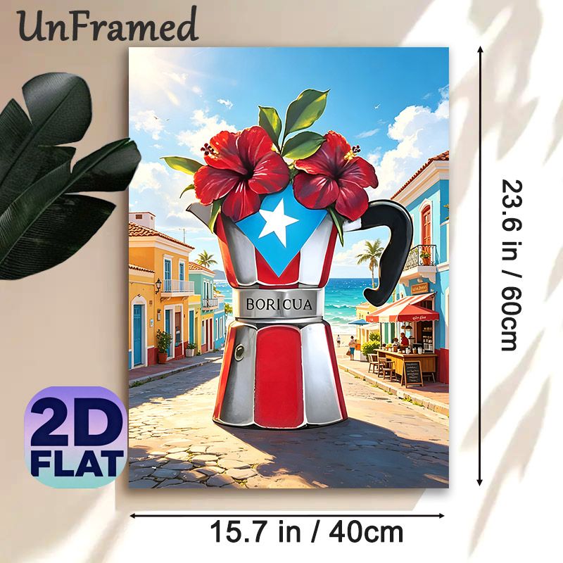 Puerto Rican Themed Painting Poster, Vibrant Tropical Moka Pot With Hibiscus & Coastal Town Poster, Cultural Decorative Piece Suitable For Café_maomaolike.com