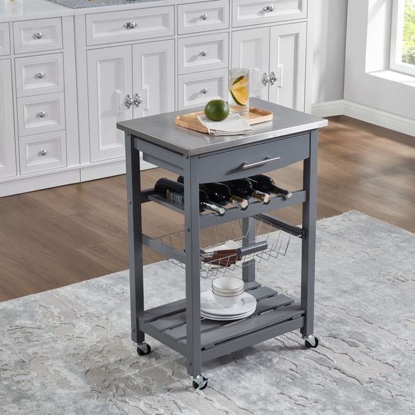 Mobile Rolling Kitchen Island Trolley Serving Cart With Underneath Drawer & Slide-Out Wire Storage Basket_maomaolike.com