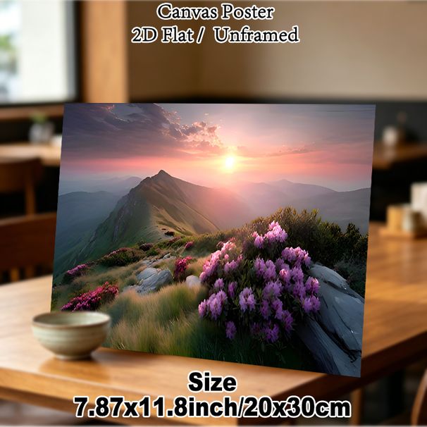 Mountain Sunrise Scenery Painting Poster, Serene Warm-toned Mountain Landscape With Blooming Pink Flowers Poster, Soothing Natural View Ideal For_maomaolike.com